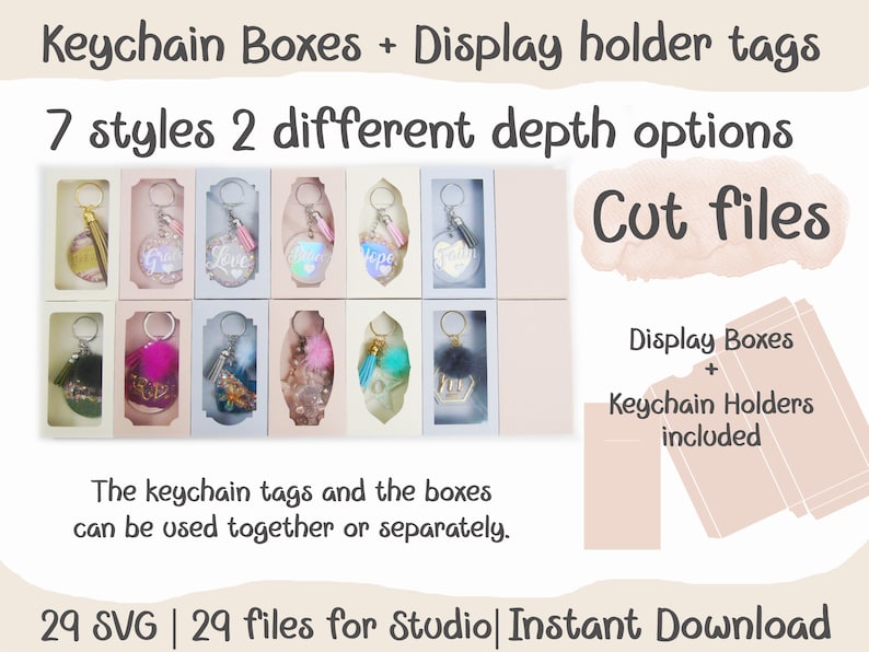 May include: A set of 29 SVG cut files for creating keychain boxes and display holder tags. The image shows seven different styles of keychain boxes with various designs, including a peace sign, a heart, and a tassel. The text "Cut files" is written in a pink watercolor-style font. The text "Display Boxes + Keychain Holders included" is written in black text. The text "29 SVG | 29 files for Studio | Instant Download" is written in black text.
