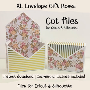 Caja de regalo con sobre XL o caja expositora. 2 estilos incluidos. Caja de regalo de flores Cricut SVG, Silueta, Archivos cortados, Regalos del Día de la Madre