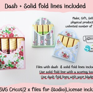 May include: Three different floral patterned paper envelopes with fold lines for creating small boxes. Each envelope contains four chocolate bars. The text on the image reads "Dash + Solid fold lines included", "Make, Gift, Sell physical products unlimited number of times", "Files with dash & solid fold lines included", "Use solid fold line with a scoring tool", "Use dash fold lines with your blade", "2 x SVG Cricut 2 x files for Studio License included".