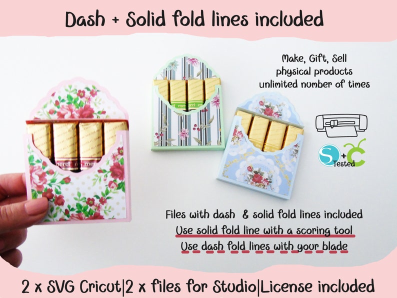 May include: Three different floral patterned paper envelopes with fold lines for creating small boxes. Each envelope contains four chocolate bars. The text on the image reads "Dash + Solid fold lines included", "Make, Gift, Sell physical products unlimited number of times", "Files with dash & solid fold lines included", "Use solid fold line with a scoring tool", "Use dash fold lines with your blade", "2 x SVG Cricut 2 x files for Studio License included".