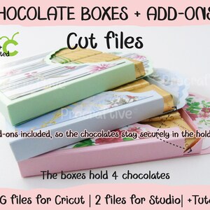 May include: Three stacked boxes made of paper with floral designs. The boxes are designed to hold four chocolates. The boxes are pink, blue, and green. The text "CHOCOLATE BOXES + ADD-ONS" is at the top of the image. The text "Cut files" is below the boxes. The text "Add-ons included, so the chocolates stay securely in the holders" is below the boxes. The text "The boxes hold 4 chocolates" is below the boxes. The text "2 SVG files for Cricut | 2 files for Studio| +Tutorials" is at the bottom of the image.