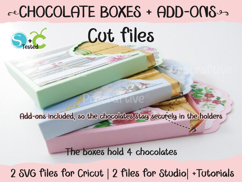 May include: Three stacked boxes made of paper with floral designs. The boxes are designed to hold four chocolates. The boxes are pink, blue, and green. The text "CHOCOLATE BOXES + ADD-ONS" is at the top of the image. The text "Cut files" is below the boxes. The text "Add-ons included, so the chocolates stay securely in the holders" is below the boxes. The text "The boxes hold 4 chocolates" is below the boxes. The text "2 SVG files for Cricut | 2 files for Studio| +Tutorials" is at the bottom of the image.