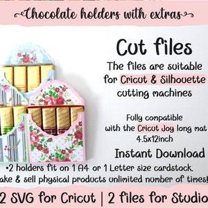 May include: Two digital cut files for creating chocolate holders. The files are compatible with Cricut and Silhouette cutting machines. The design features a floral pattern in pink and blue. The text on the image reads "Cut files", "The files are suitable for Cricut & Silhouette cutting machines", "Fully compatible with the Cricut Joy long mat 4.5x12inch", "Instant Download", "&bull;2 holders fit on 1 A4 or 1 Letter size cardstock.", "&bull;Make & sell physical products unlimited number of times!" and "2 SVG for Cricut | 2 files for Studio".