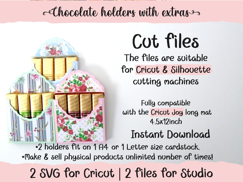 May include: Two digital cut files for creating chocolate holders. The files are compatible with Cricut and Silhouette cutting machines. The design features a floral pattern in pink and blue. The text on the image reads "Cut files", "The files are suitable for Cricut & Silhouette cutting machines", "Fully compatible with the Cricut Joy long mat 4.5x12inch", "Instant Download", "&bull;2 holders fit on 1 A4 or 1 Letter size cardstock.", "&bull;Make & sell physical products unlimited number of times!" and "2 SVG for Cricut | 2 files for Studio".