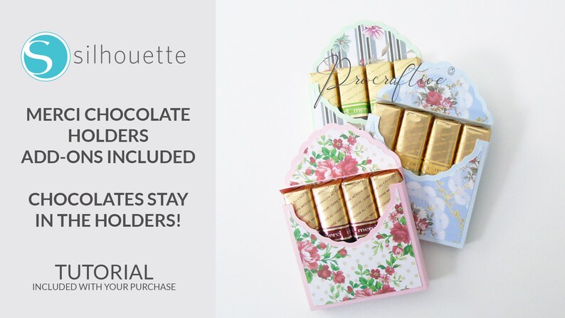 May include: Three different patterned paper boxes with a scalloped top, each holding a row of Merci chocolate bars. The boxes are in pink, blue, and green.