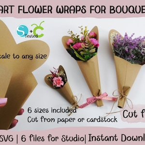 Heart flower bouquet wraps, SVG Cricut, Silhouette, Scale to any size, Instant download, Cut files, Flower bouquet packaging template, Gifts