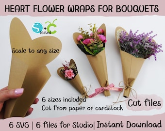 Envolturas para ramos de flores con forma de corazón, SVG, Cricut, Silhouette, Escalable a cualquier tamaño, Descarga instantánea, Archivos de corte, Plantilla para empaque de ramo de flores, Regalos