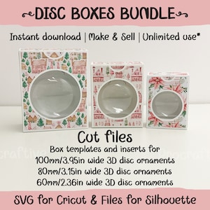 Bundle di modelli di scatole di ornamenti a disco 3D di Natale in 3 misure. Scatole per ornamenti a disco larghi 6 cm/2,36 pollici, 8 cm/3,15 pollici e 10 cm/3,95 pollici. SVG Cricut