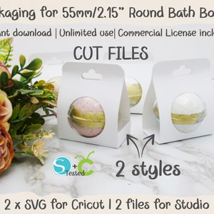 Suportes para exibição de embalagens de bombas de banho 55 mm / 2,15 ", arquivos de corte SVG para Cricut e Silhouette, download instantâneo, 2 estilos, suprimentos para bombas de banho SVG