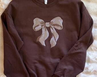 Embroidered Bow Sweatshirt for Women, Brown Christmas Crewneck, Coquette Bow Shirt, Vintage Sweater Women, Cross-Stitch Pullover