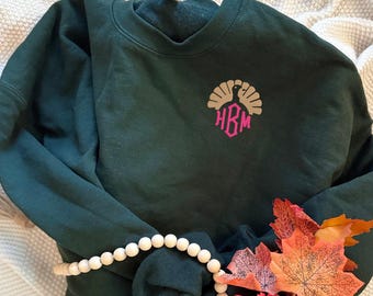 Personalized Thanksgiving Sweatshirt, Turkey Monogram Sweatshirt, Embroidered Thanksgiving Shirt for Women, Monogrammed Turkey Pullover