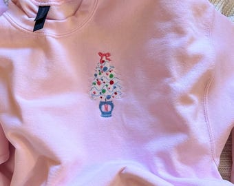 Monogram Christmas Sweatshirt, Personalized Christmas Tree for Women, Pink Embroidered Crewneck Sweater