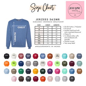 May include: A blue crewneck sweatshirt with a size chart and color options. The size chart shows chest and length measurements in inches. The sweatshirt has a classic fit and is made of a cotton/polyester blend.