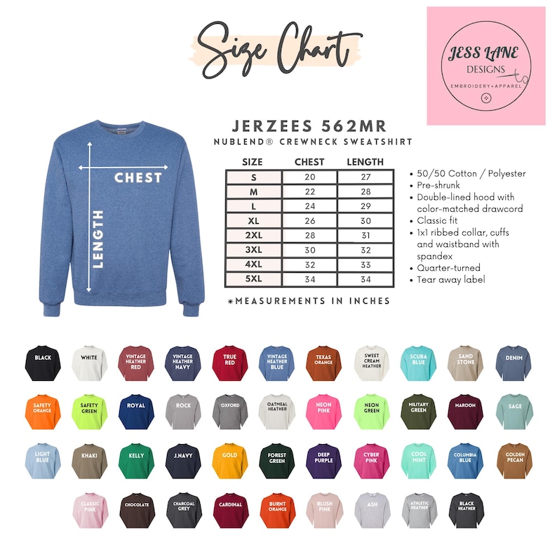 May include: A blue crewneck sweatshirt with a size chart and color options. The size chart shows chest and length measurements in inches. The sweatshirt has a classic fit and is made of a cotton/polyester blend.