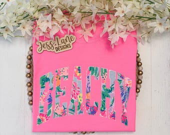Embroidered Beachy T-Shirt – Neon Pink Comfort Colors Tee – Lilly Inspired Fabric – Preppy Summer Shirt – Coastal Embroidery Gift
