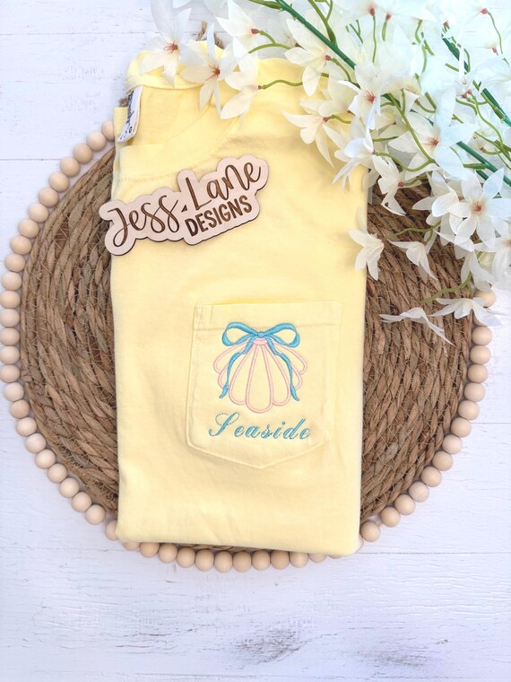 Seaside Embroidered Pocket T-Shirt – Comfort Colors Tee – Seashell with Bow Shirt – Coastal Embroidery – Summer Beach Tee