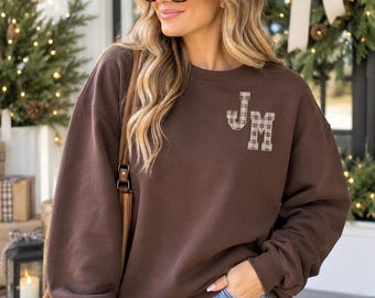 Personalized Plaid Monogram Sweatshirt, Embroidered Initial Crewneck for Women, Soft Casual Outfit