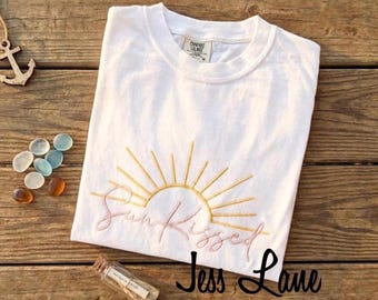 Embroidered SUNKISSED Comfort Colors T-Shirt – Minimalist Sun Graphic Tee