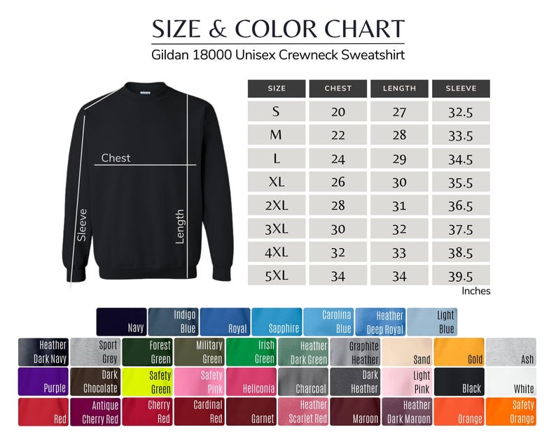 May include: Black Gildan 18000 unisex crewneck sweatshirt with a size and color chart. The chart displays chest, length, and sleeve measurements in inches for sizes S to 5XL. A color palette with various options is also shown.
