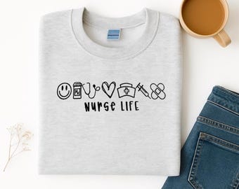 Nurse Life Embroidered Sweatshirt - Nurse Icons Embroidery - RN Gift - Nurse Appreciation - Cute Medical Icons Crewneck - Custom Embroidery