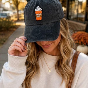 Pumpkin Spice Latte Hat, Chenille Patch Baseball Cap, Black Adjustable Cotton Dad Hat, Fall Coffee Lover Hat, Cute Autumn Outfit Accessory