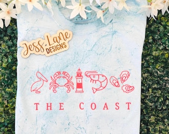 The Coast Embroidered T-shirt | Sea Glass Comfort Colors Shirt with Beach Icons | Seagull, Crab, Lighthouse, Shrimp & Seashell Design