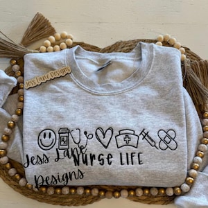 Nurse Life Embroidered Sweatshirt - Nurse Icons Embroidery - RN Gift - Nurse Appreciation - Cute Medical Icons Crewneck - Custom Embroidery
