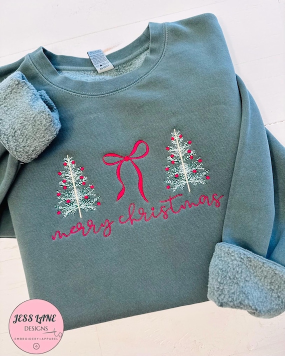 Merry Christmas Embroidered Sweatshirt | Christmas Trees Crewneck | Alpine Green Holiday Sweatshirt | Cute Christmas Shirt for Women
