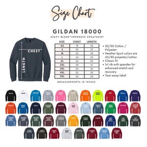Puede incluir: Una tabla de tallas para la sudadera Gildan 18000 heavy blend con una ilustraci&oacute;n en gris jaspeado oscuro, l&iacute;neas de medici&oacute;n, una tabla de tallas en pulgadas y una cuadr&iacute;cula de 48 muestras de colores disponibles con sus etiquetas.