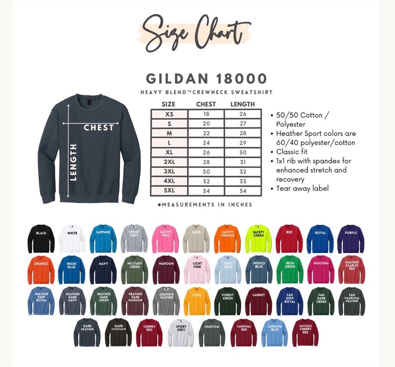 Puede incluir: Una tabla de tallas para la sudadera Gildan 18000 heavy blend con una ilustraci&oacute;n en gris jaspeado oscuro, l&iacute;neas de medici&oacute;n, una tabla de tallas en pulgadas y una cuadr&iacute;cula de 48 muestras de colores disponibles con sus etiquetas.