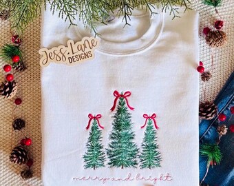 Christmas Trees Embroidered Sweatshirt with Red Bows | Merry & Bright Holiday Crewneck | Cozy Christmas Embroidery Gift for Her