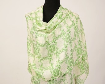 Hand flora motif pattern Green Pashmina and silk blend Shawl