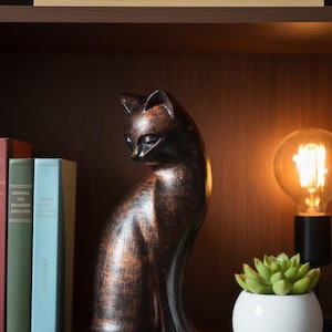 Cat Statue Black and Copper Painted  - Handcrafted Stonecast Feline Ornament Home Decor