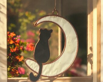 Cat on Moon Suncatcher: Resin Window Hanging Decor