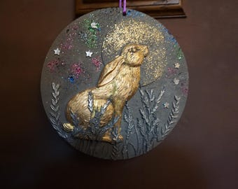 Handmade Eco Resincrete Hare Plaque: Moonshine Wall Art, Rustic Home Decor