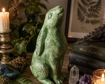 May include: A textured, light green rabbit figurine in a seated position with its head tilted upward. The sculpture features a weathered, matte finish and is positioned among various decorative items including books, crystals, and candles.
