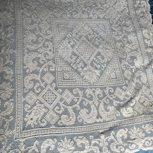 Vintage Filet Lace Tablecloth, 50 x 47 Inches in Ivory with Floral Design