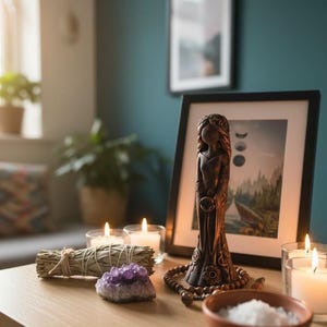 Puede incluir: Una serena exhibici&oacute;n con una estatua de bronce de una mujer, una imagen enmarcada, velas encendidas, un manojo de salvia, un cristal de amatista, un cuenco de madera con sal y un collar de cuentas. Los elementos est&aacute;n dispuestos sobre una superficie de madera.