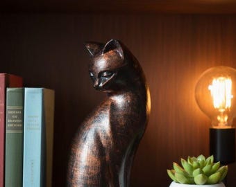 Cat Statue in Black and Copper, Handcrafted Stonecast Feline Home Decor