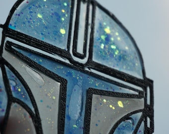 Mandalorian Suncatcher, Blue & White Glitter, Geeky Gift Idea, Handmade Ornament