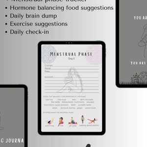 May include: Digital cycle syncing journal on a tablet, featuring a menstrual phase tracker, food suggestions, and daily check-in. The image includes a pen graphic and the text "DIGITAL PRODUCT".