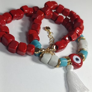 Red, White & Blue Beaded Necklace, Handmade Evil Eye Beaded Necklace - Limited Edition Designer Jewelry