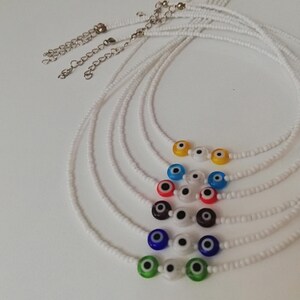 Tirple Evil Eye Beaded Minimalist Necklace - Delicate Evil Eye Choker Necklace - Handmade Jewelry with Adjustable Chain