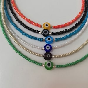 Evil Eye Beaded Minimalist Necklace - Delicate Evil Eye Choker Necklace -Handmade Jewelry with Adjustable Chain