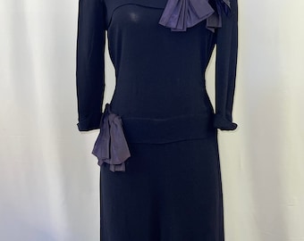 40s Navy Crepe Dress with Bows - Wounded