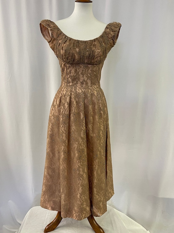 50s Tan Cocktail Dress W:26