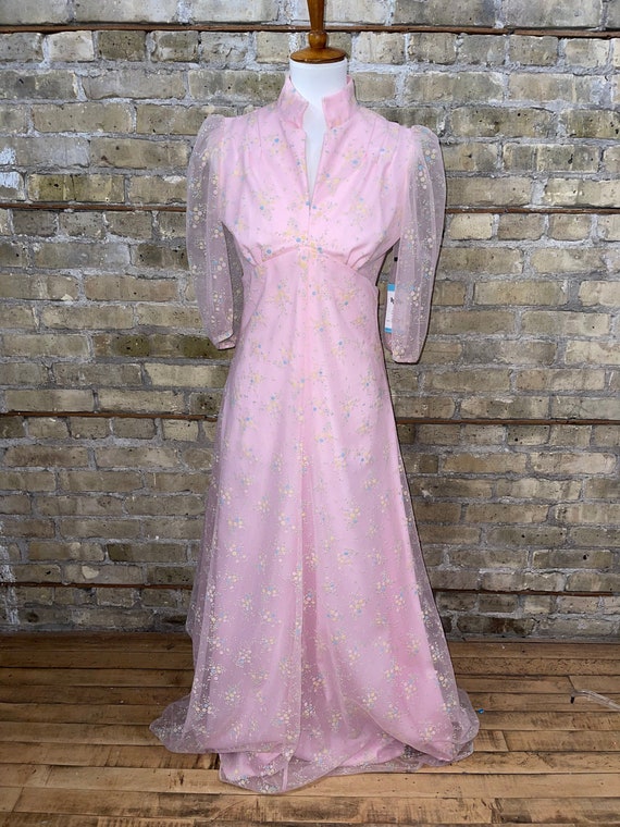 70s Light Pink Floral Full Length Dress