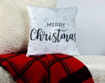 Decorative Pillow | Merry Christmas | Sequin Pillow | White & Silver Sequins