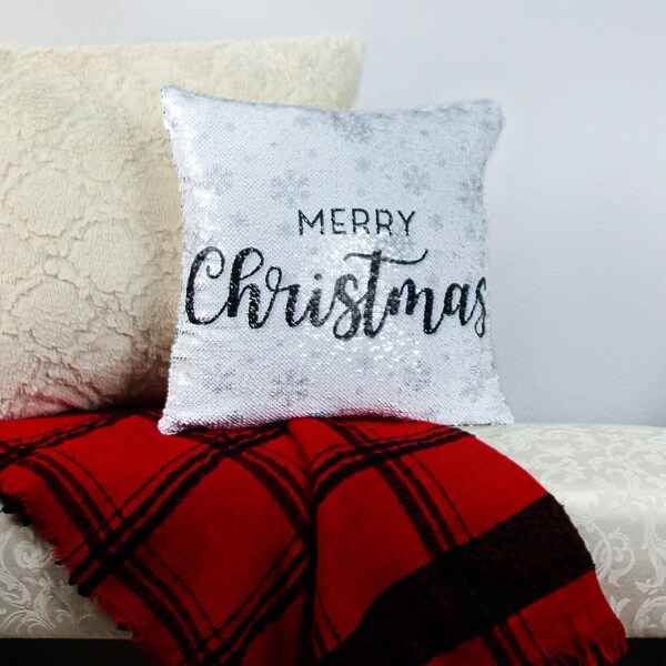 Decorative Pillow | Merry Christmas | Sequin Pillow | White & Silver Sequins