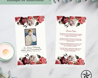 English Memorial Card | Laminated Prayer Card | Red Flowers | Funeral Card | Keepsake Card | Memory Card | Laminated Card
